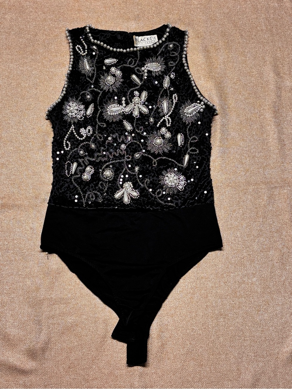 Vtg 1990s Black Tie Oleg Cassini Black Beaded Pearl Embellished Bodysuit Sz L